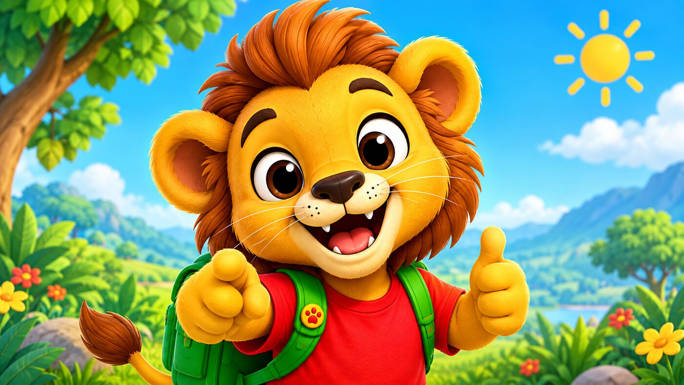 Bhubesi the lion cub, wearing a red T-shirt and green backpack, giving a thumbs up